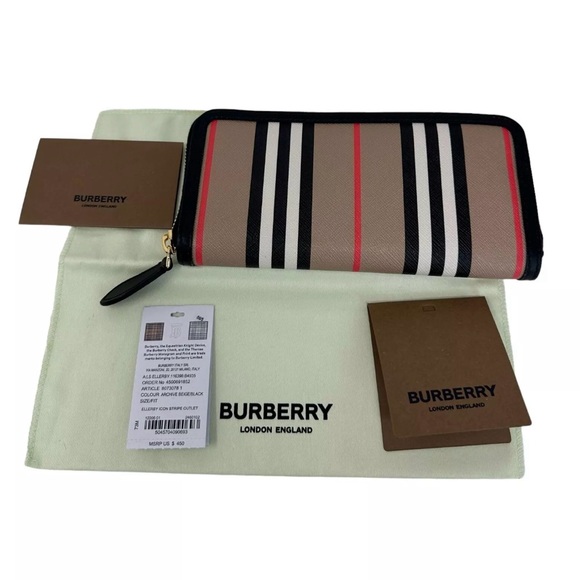 BURBERRY Ellerby Black Leather Icon Stripe Canvas Zip Around Continental Wallet - Picture 3 of 13